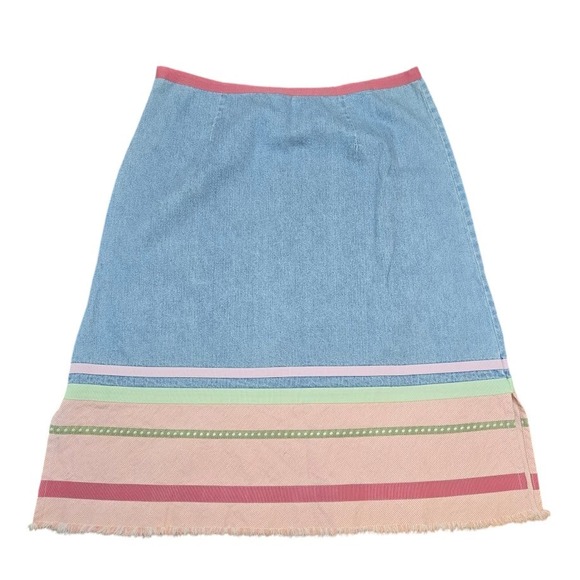 Christopher‎ & Banks Denim Jean Skirt Blue Pink Fringe Hem Sz 8 - Picture 1 of 8